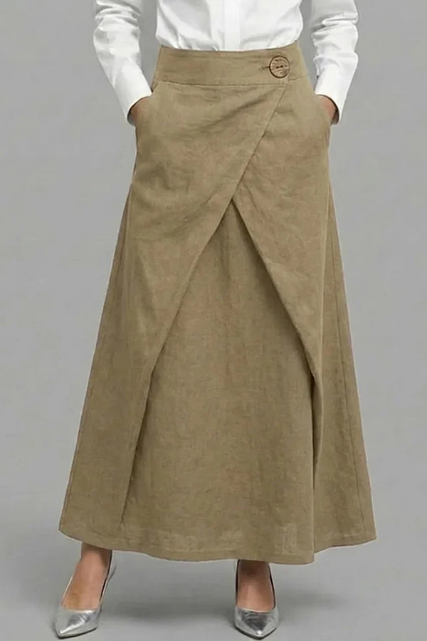 Women's Elastic Waist Casual Loose Cotton And Linen Midi Skirt