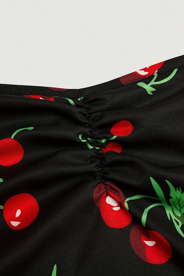 Vintage Cherry Print Halter Neck Dress, Sweet Slim-Fit Flared Skirt Elegant Evening Gown