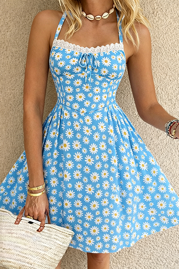 Blue 1950s Halter Lace Daisy Dress