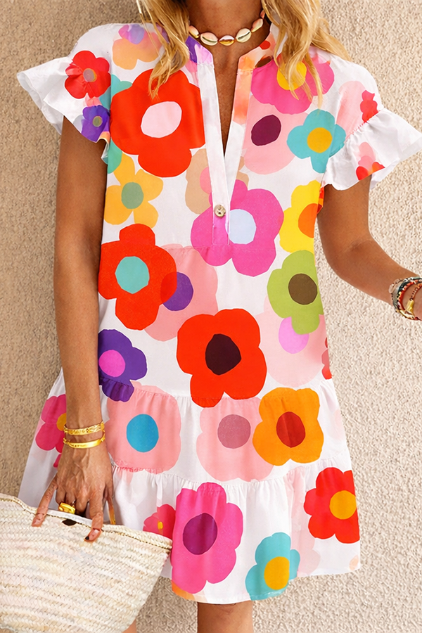 Women’s Colorful Floral Ruffle Sleeve Mini Dress