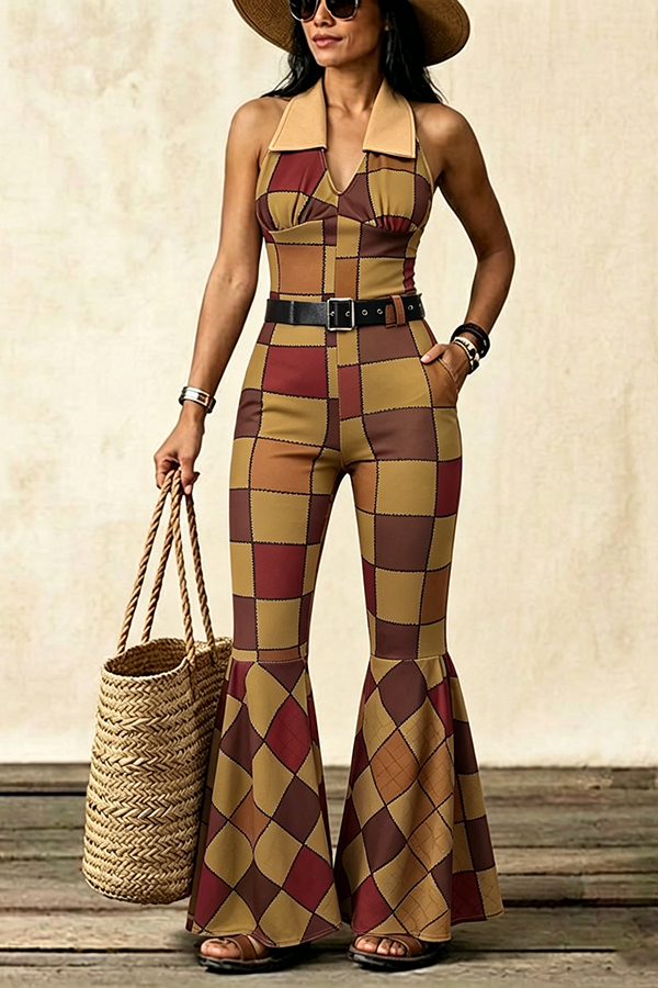 1970s Geometric Pattern Patchwork Halter Jumpsuit
