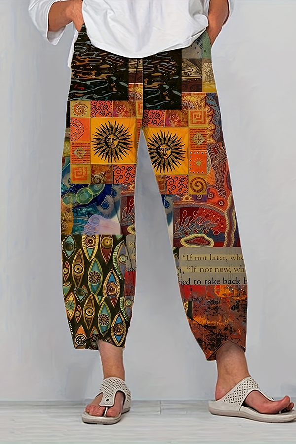 Hippie Ethnic Style Vintage Sun & Moon Graphic Patchwork Pants
