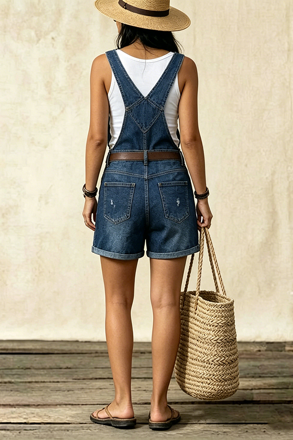 1970s Stretch Ripped Denim Overall Romper