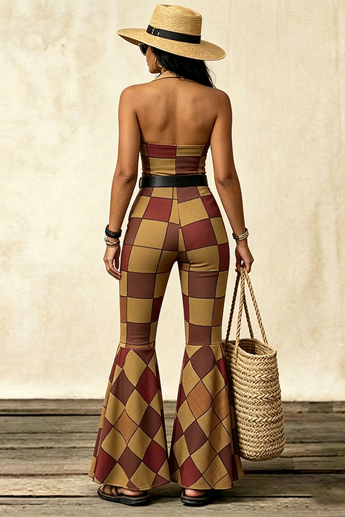 1970s Geometric Pattern Patchwork Halter Jumpsuit