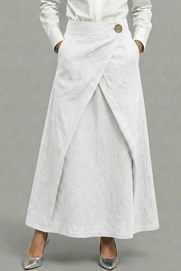 Women's Elastic Waist Casual Loose Cotton And Linen Midi Skirt