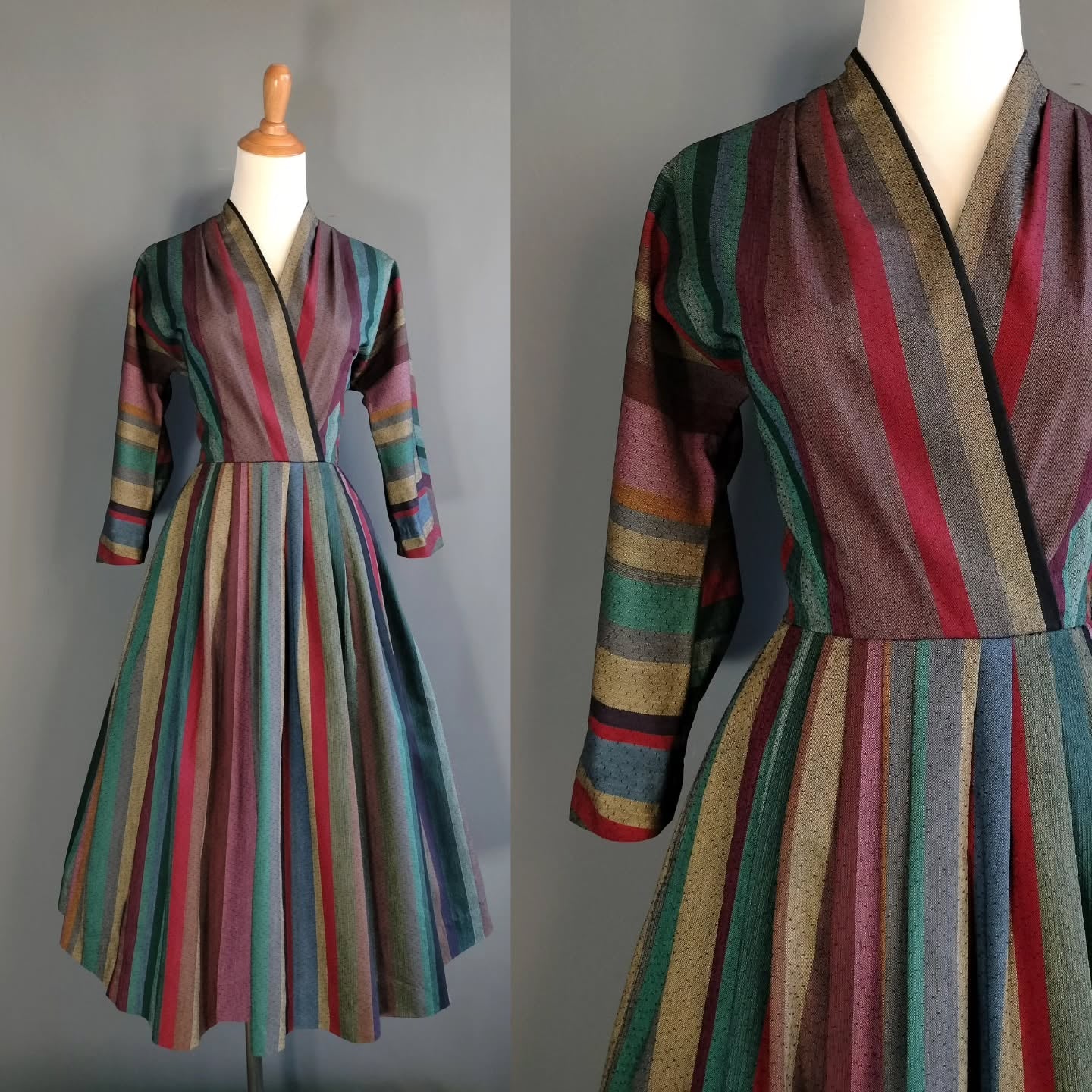Vintage Striped Wrap Midi Dress