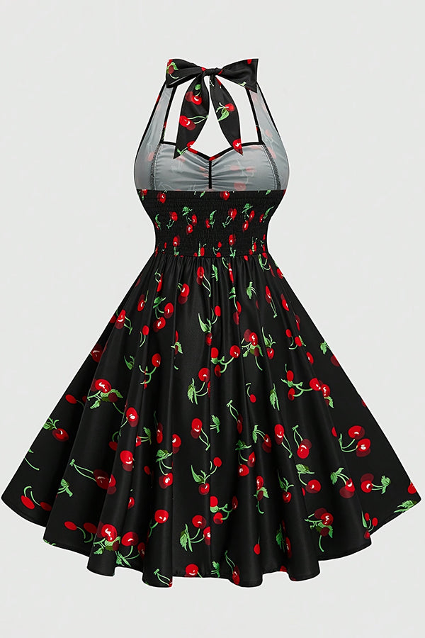 Vintage Cherry Print Halter Neck Dress, Sweet Slim-Fit Flared Skirt Elegant Evening Gown