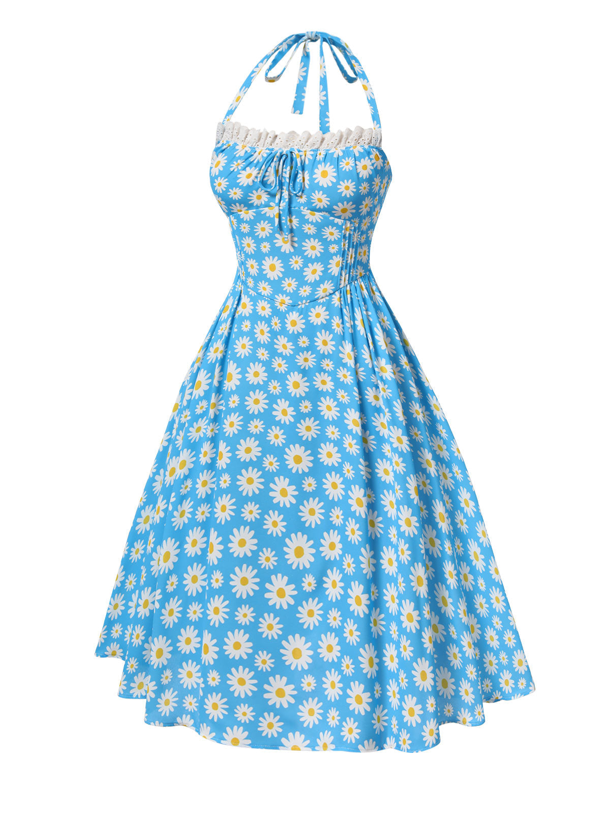 Blue 1950s Halter Lace Daisy Dress
