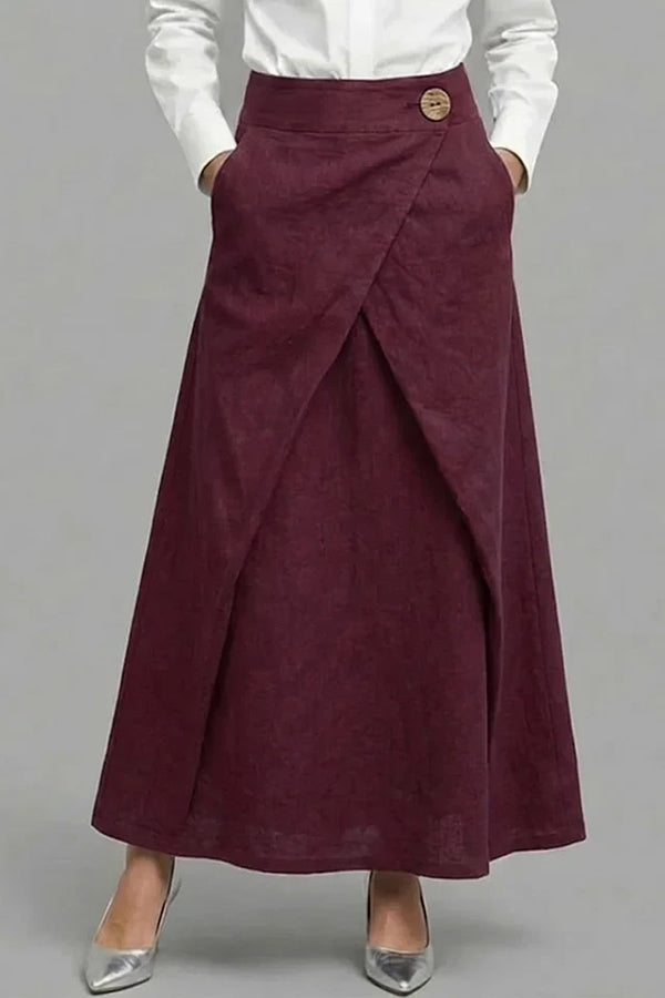 Women's Elastic Waist Casual Loose Cotton And Linen Midi Skirt