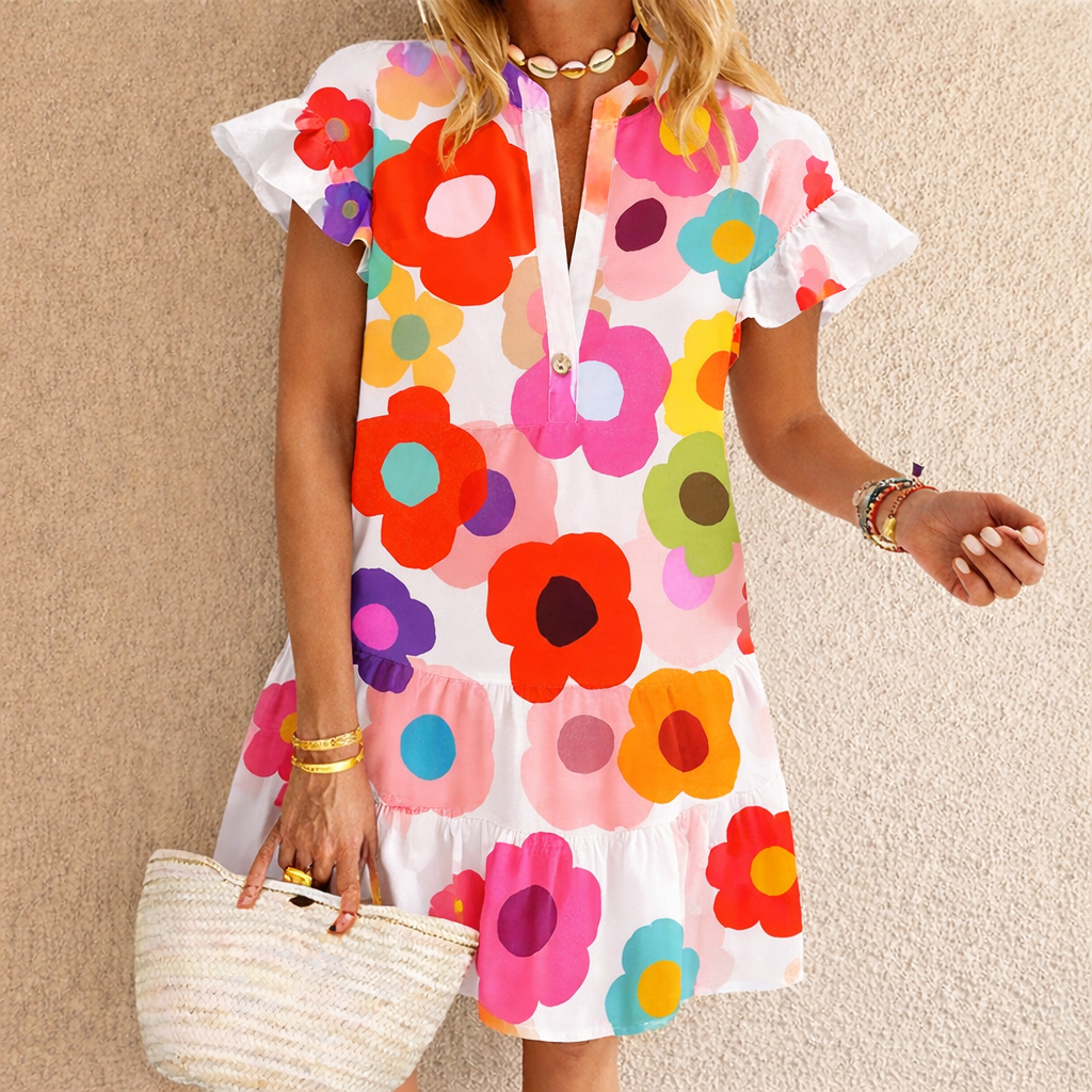 Women’s Colorful Floral Ruffle Sleeve Mini Dress