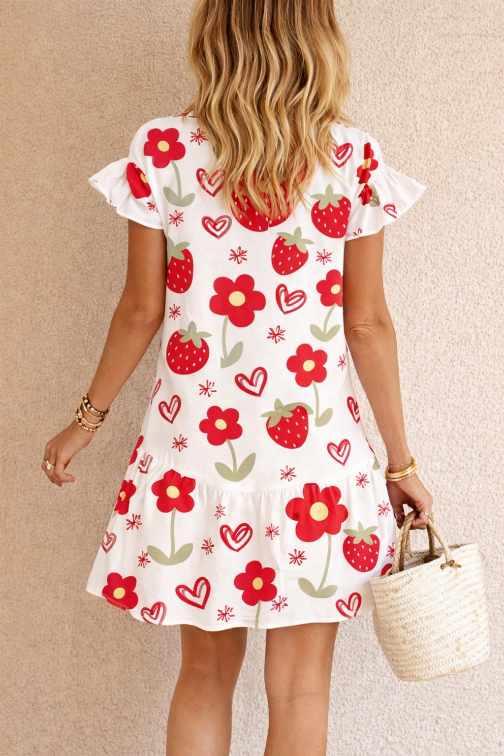 Strawberry Floral Ruffle Sleeve Mini Dress