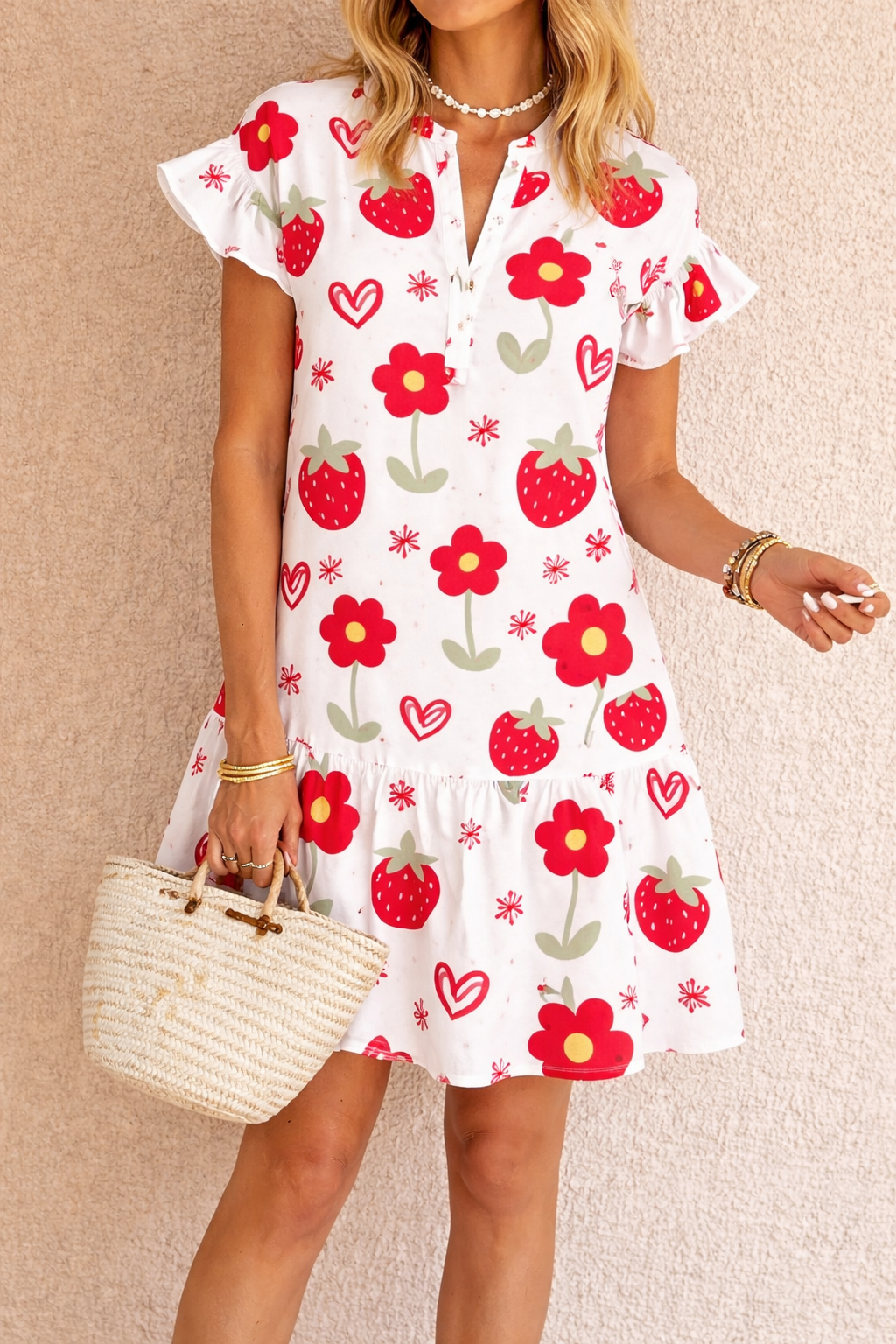 Strawberry Floral Ruffle Sleeve Mini Dress