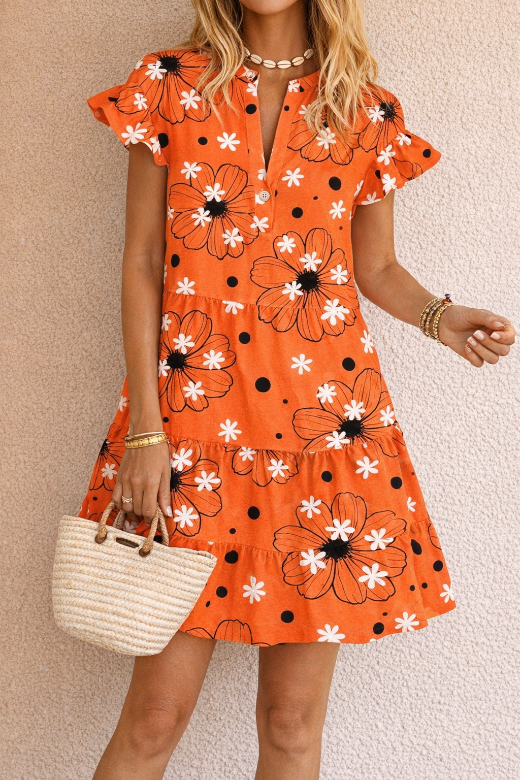 Orange Floral Ruffle Sleeve Mini Dress