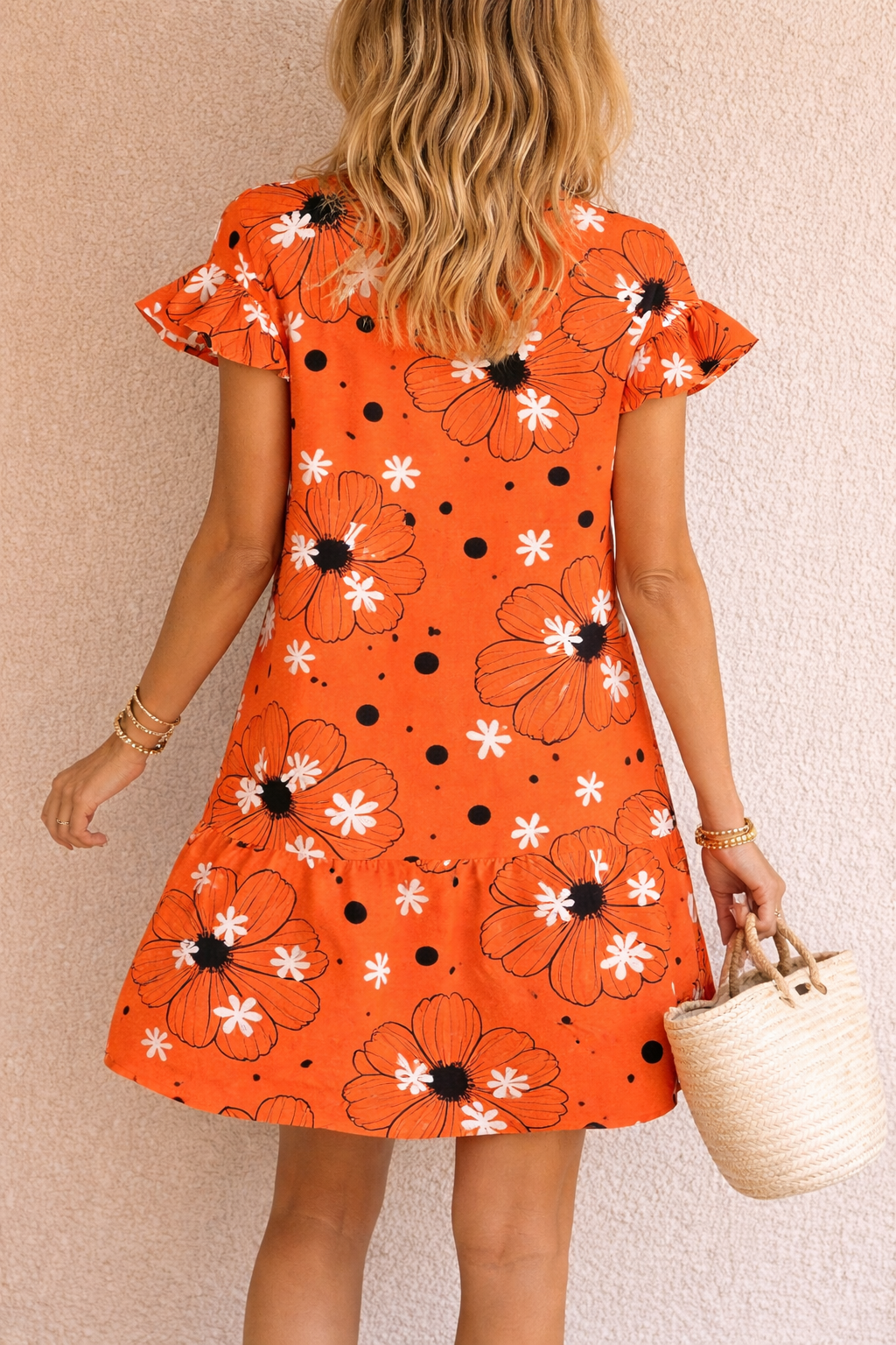 Orange Floral Ruffle Sleeve Mini Dress