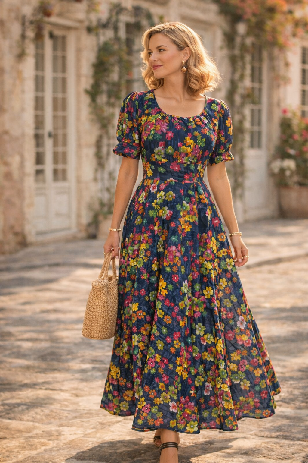 Vintage Floral Puff Sleeve Maxi Dress