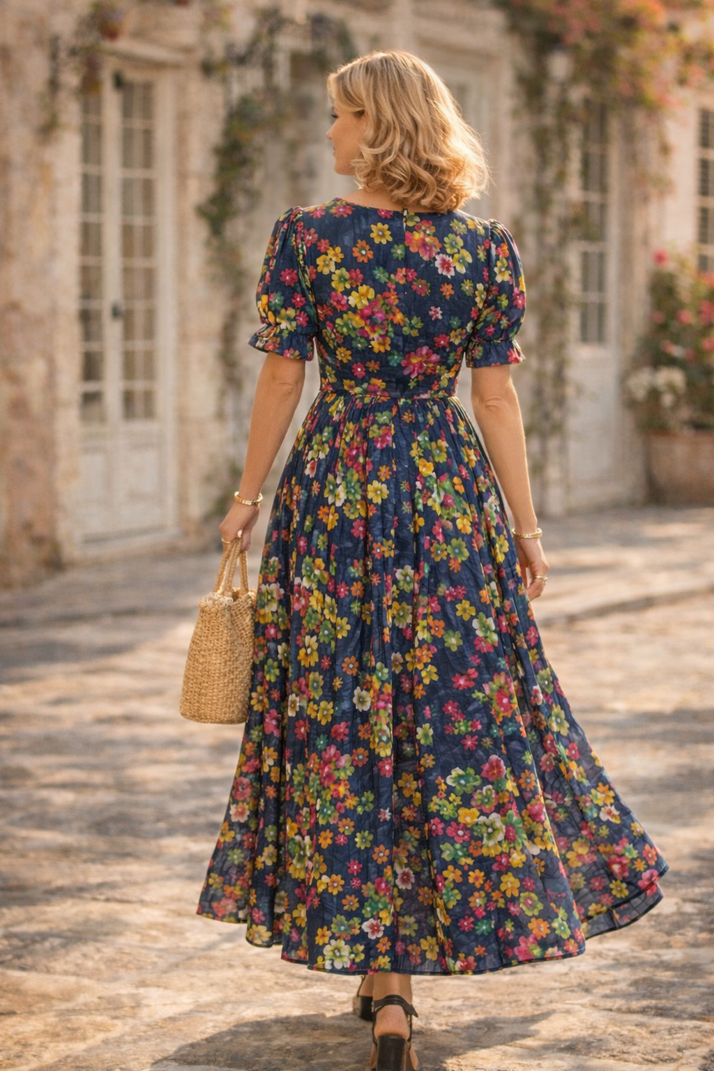 Vintage Floral Puff Sleeve Maxi Dress
