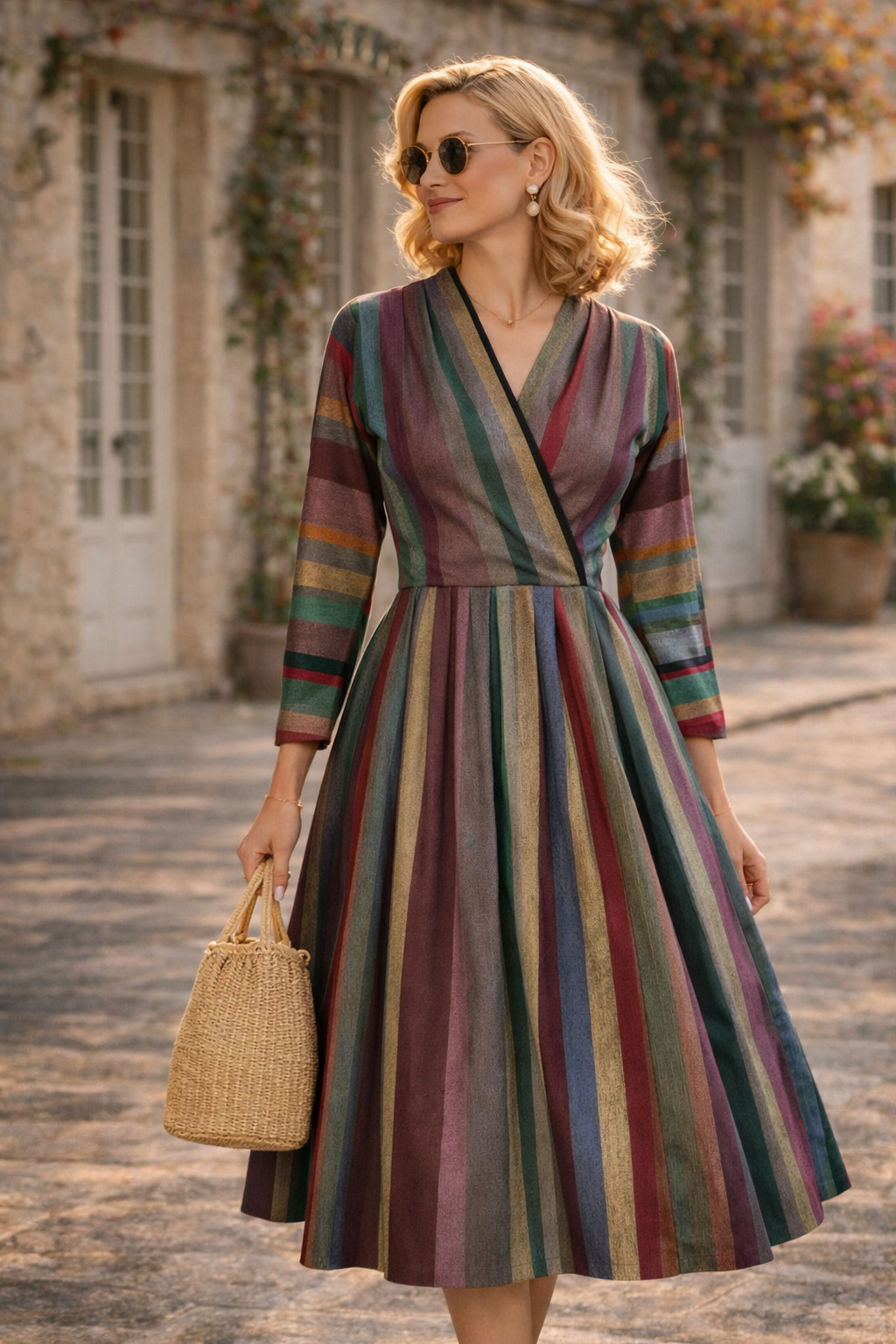 Vintage Striped Wrap Midi Dress