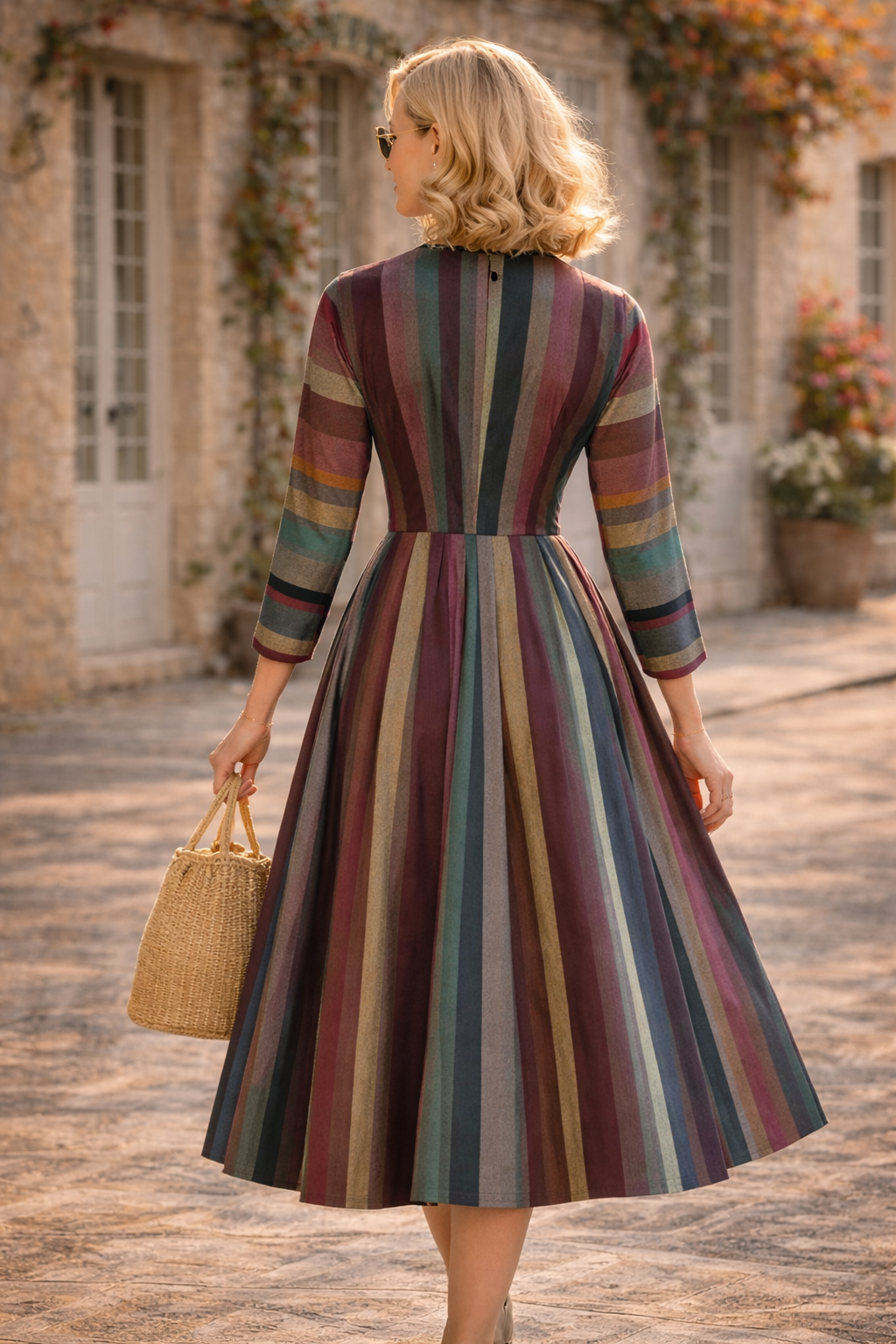 Vintage Striped Wrap Midi Dress