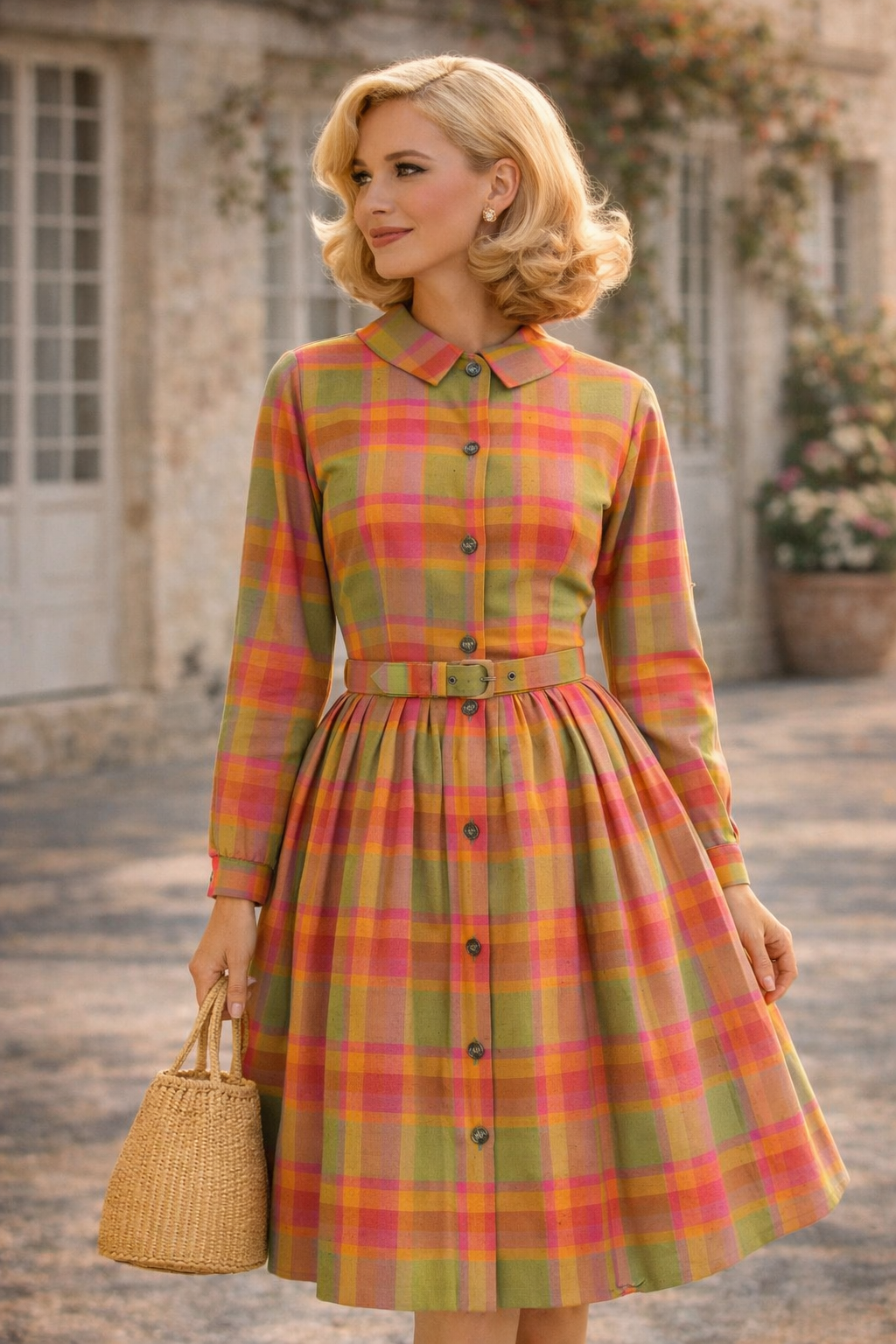 Vintage Plaid Button Dress