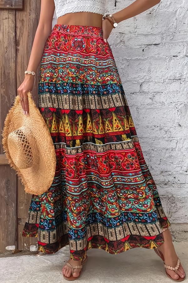 Vibrant Multi-Pattern Tiered Bohemian Maxi Skirt