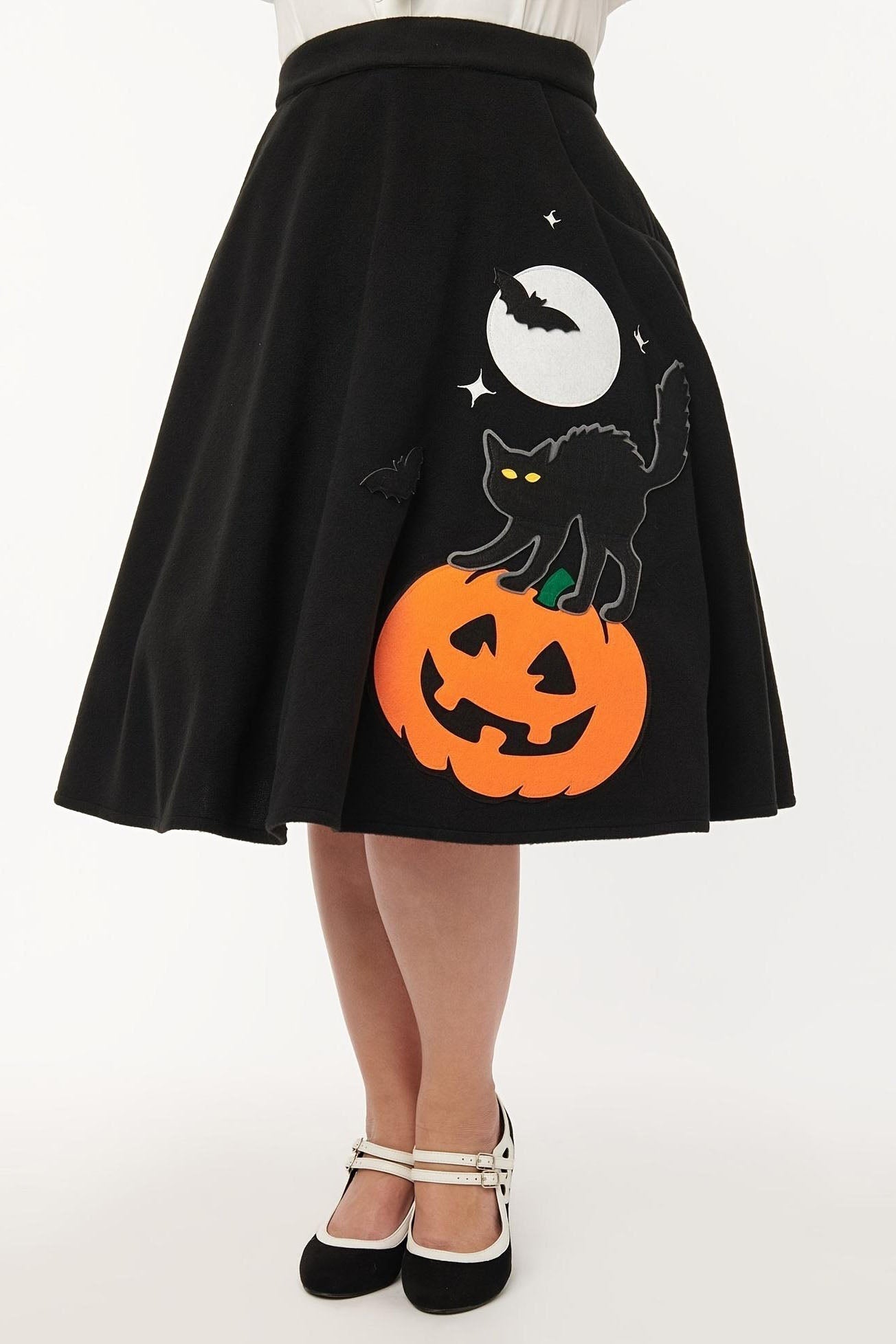 Black Halloween-Themed Skirt with Spooky Patterns