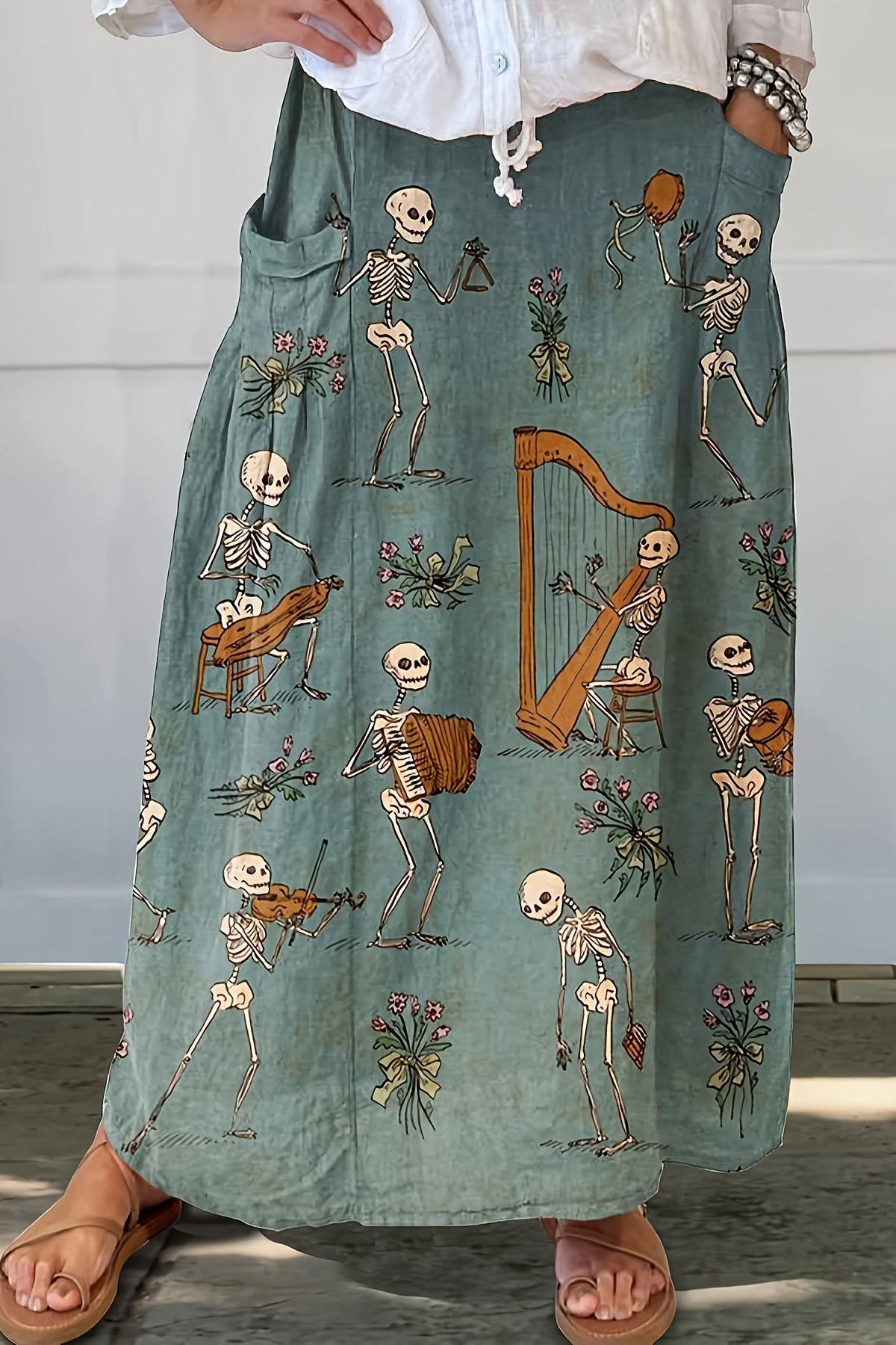 Musical Skeletons Print Blue Green Button-Up Midi Skirt