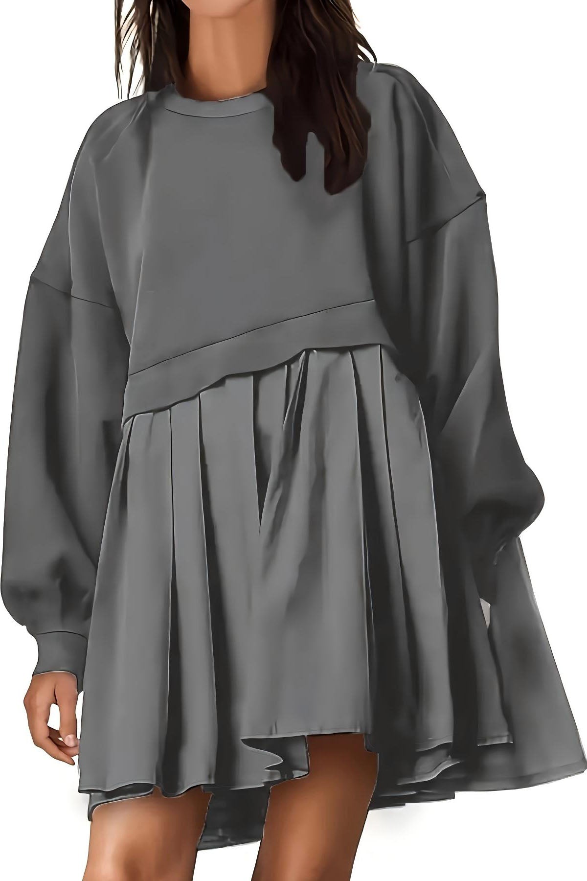 Grey Hoodie-Style Dress with Pleated Skirt