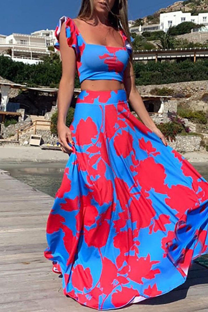 Blue Ruffle Sleeve Cropped Top with Red Floral Maxi Skirt Set