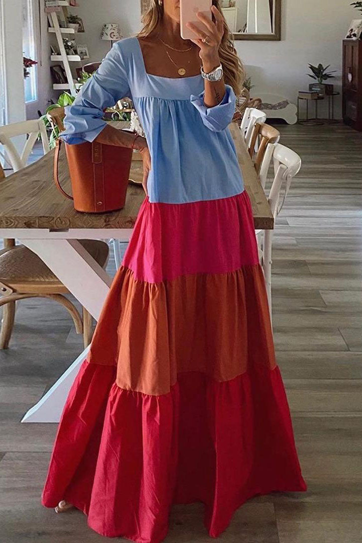 Two-Tone Square Neck Bohemian Maxi Dress with Tiered Skirt