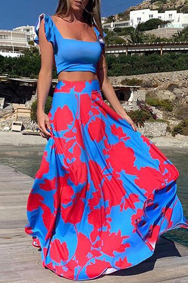 Floral Print Square Neck Two-Piece Set with Ruffle Skirt