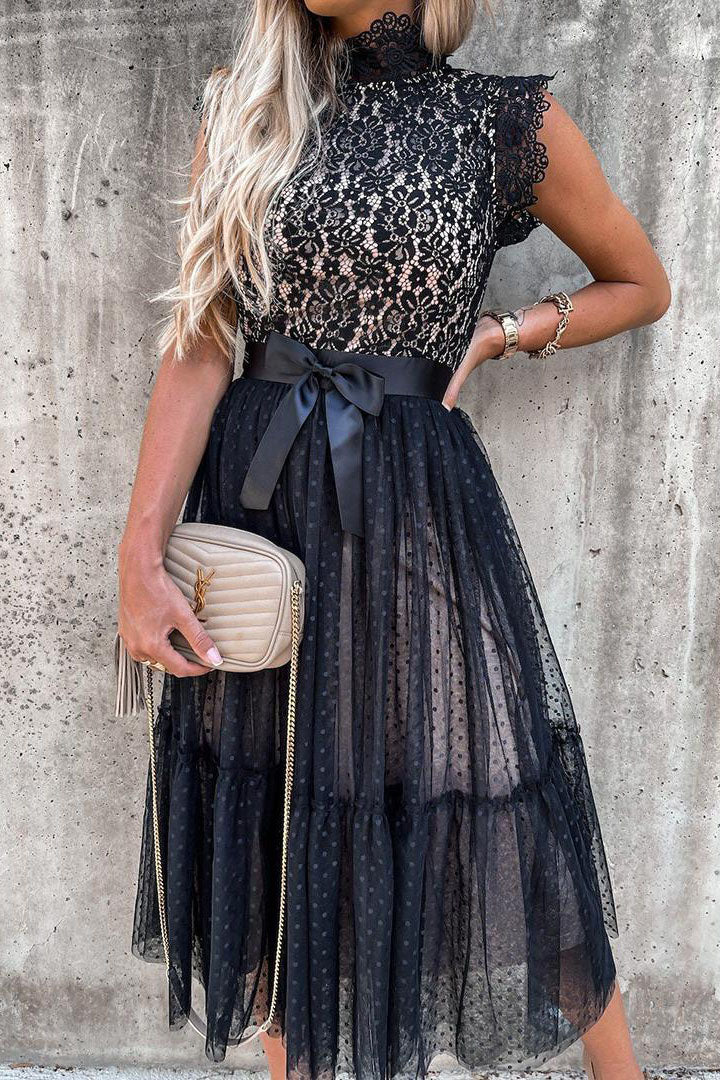 Black Lace Sheer Yoke Spaghetti Strap Dress with Tiered Tulle Skirt