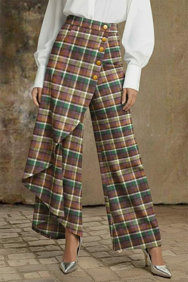 The Heritage Check Asymmetric Trousers – Vintage Plaid Wide-Leg Pant with Drape Detail