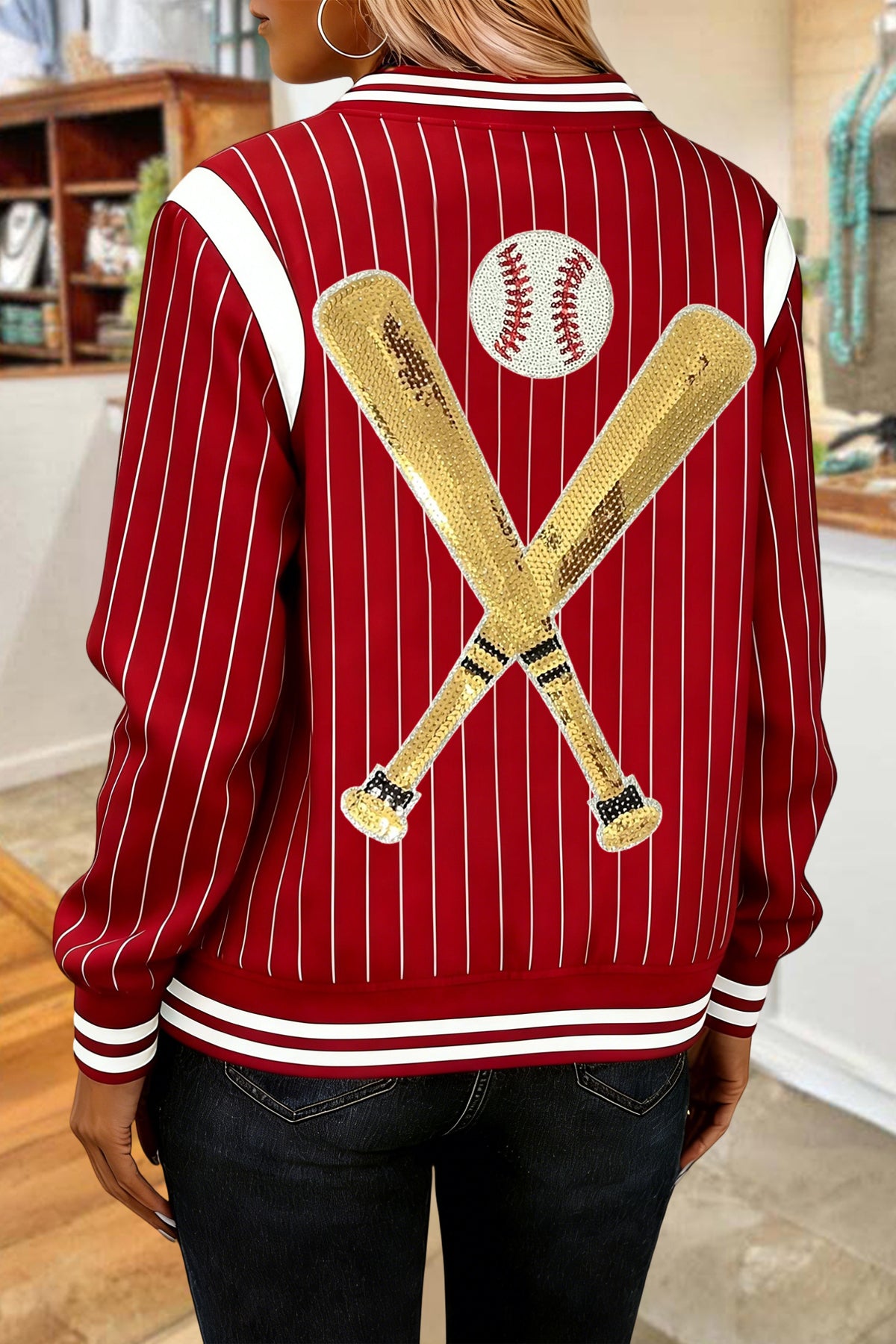 Classic Baseball Game Day Striped Bomber Jacket
