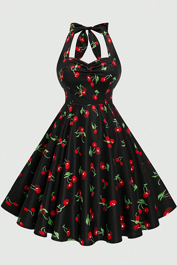 Vintage Cherry Print Halter Neck Dress, Sweet Slim-Fit Flared Skirt Elegant Evening Gown