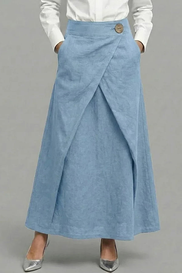 Women's Elastic Waist Casual Loose Cotton And Linen Midi Skirt
