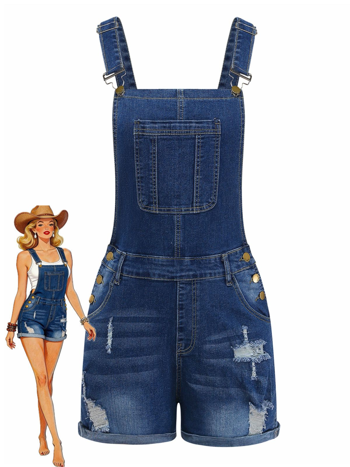 1970s Stretch Ripped Denim Overall Romper